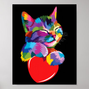 Rainbow Cute Cat Hugging Valentine Heart Kitty Lov Poster