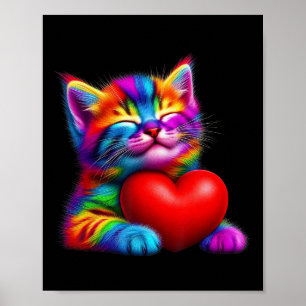 Rainbow Cute Cat Hugging Valentine Heart Kitty Lov Poster