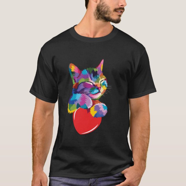 Rainbow Cute Cat Hugging Valentine Heart Kitty Lov T-Shirt (Front)