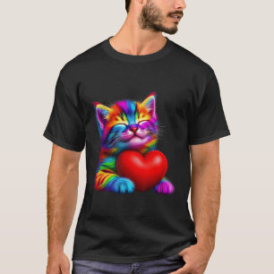 Rainbow Cute Cat Hugging Valentine Heart Kitty Lov T-Shirt