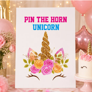 Rainbow Cute Fun Pin the Horn on the Unicorn Game Poster