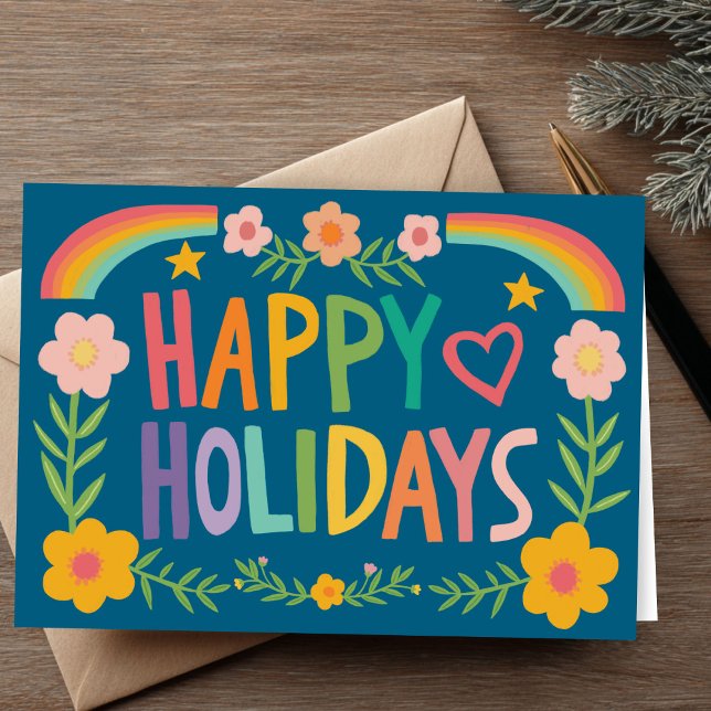 Rainbow Cute Hand-drawn Colourful CUSTOM  Holiday Card (Rainbow Cute Hand-drawn Colorful Christmas CUSTOM Holiday Card - add your text to inside
)