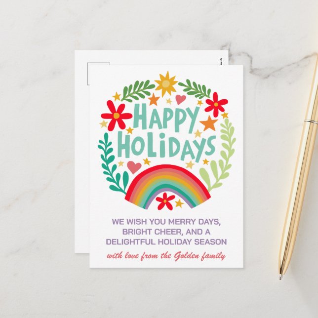 Rainbow Cute Hand-drawn Colourful CUSTOM Holiday Postcard (Front/Back In Situ)