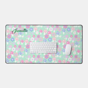 Rainbow, Cute Mushrooms And Flowers Desk Mat