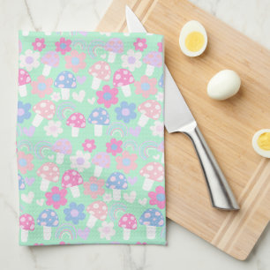 Rainbow, Cute Mushrooms And Flowers Kitchen Towel