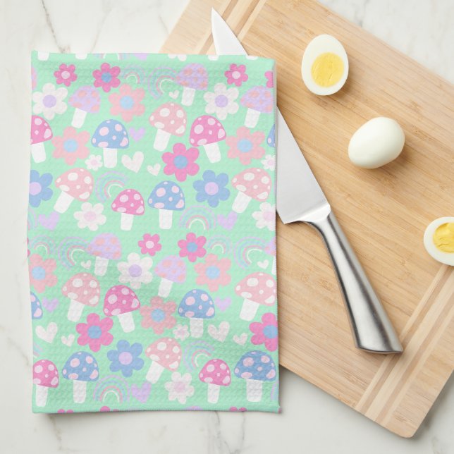 Rainbow, Cute Mushrooms And Flowers Kitchen Towel (Quarter Fold)