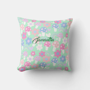 Rainbow, Cute Mushrooms And Flowers Throw Pillow