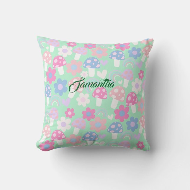 Rainbow, Cute Mushrooms And Flowers Throw Pillow (Front)