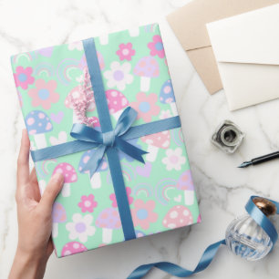 Rainbow, Cute Mushrooms And Flowers Wrapping Paper