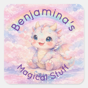 Rainbow Cute Pink Hearts Fantasy Baby Dragon Square Sticker