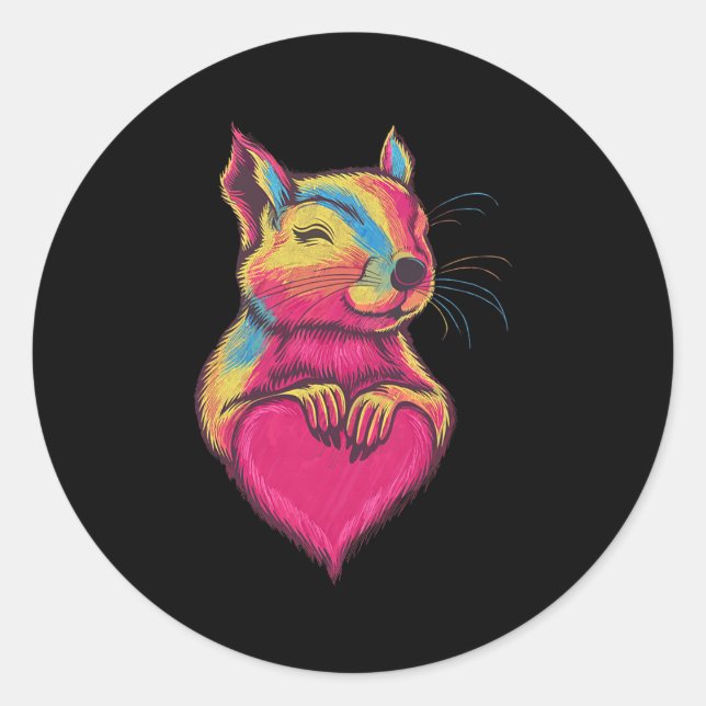 Rainbow Cute Squirrel Hugging Valentine Heart Love Classic Round Sticker (Front)
