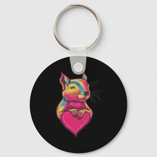 Rainbow Cute Squirrel Hugging Valentine Heart Love Keychain (Front)