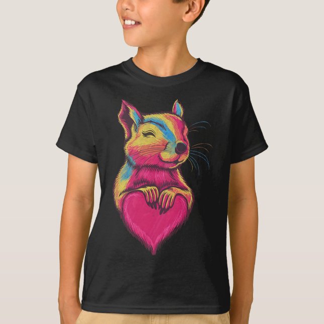 Rainbow Cute Squirrel Hugging Valentine Heart Love T-Shirt (Front)