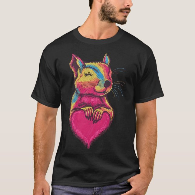 Rainbow Cute Squirrel Hugging Valentine Heart Love T-Shirt (Front)