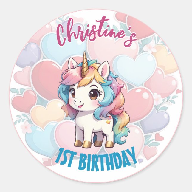 Rainbow Cute Unicorn & Hearts Birthday Custom Classic Round Sticker (Front)