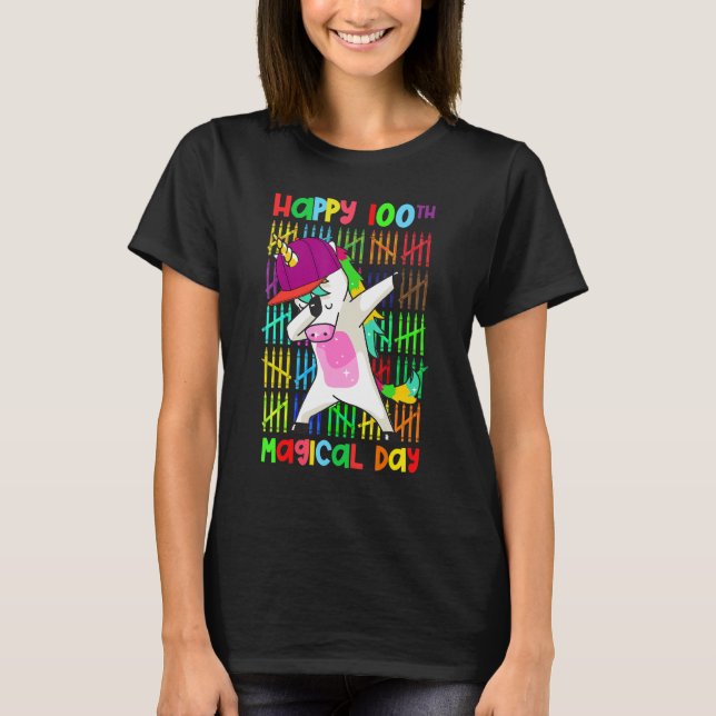 Rainbow Dabbing Unicorn 100 Days Happy 100th Magic T-Shirt (Front)