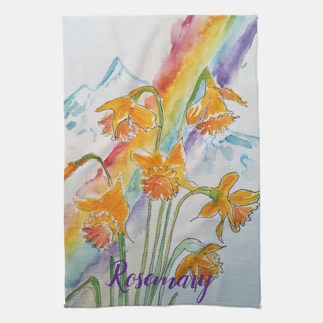 Rainbow Daffodil Spring Watercolour Floral Flower Kitchen Towel (Vertical)