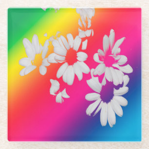 Rainbow daisies glass coaster