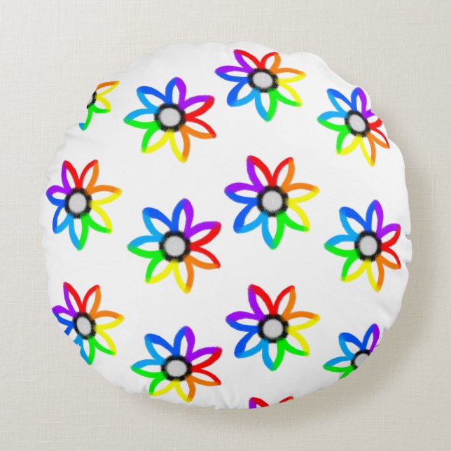Rainbow Daisies Round Pillow (Front)