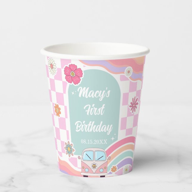 Rainbow Daisy Car Birthday Paper Cups (Front)