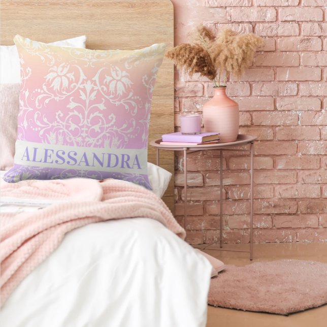 Rainbow Damask Girls Decor  Throw Pillow (Creator Uploaded)
