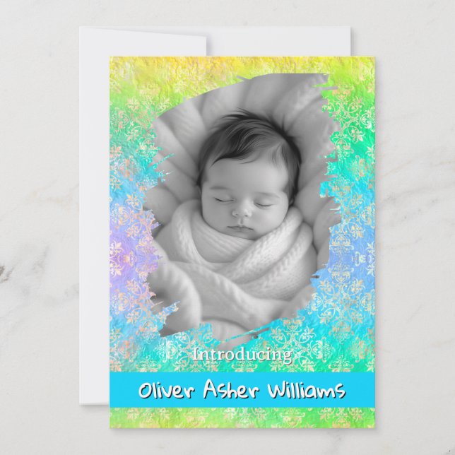 [Rainbow Damask] Soft Pastels Baby Boy Birth Announcement (Front)