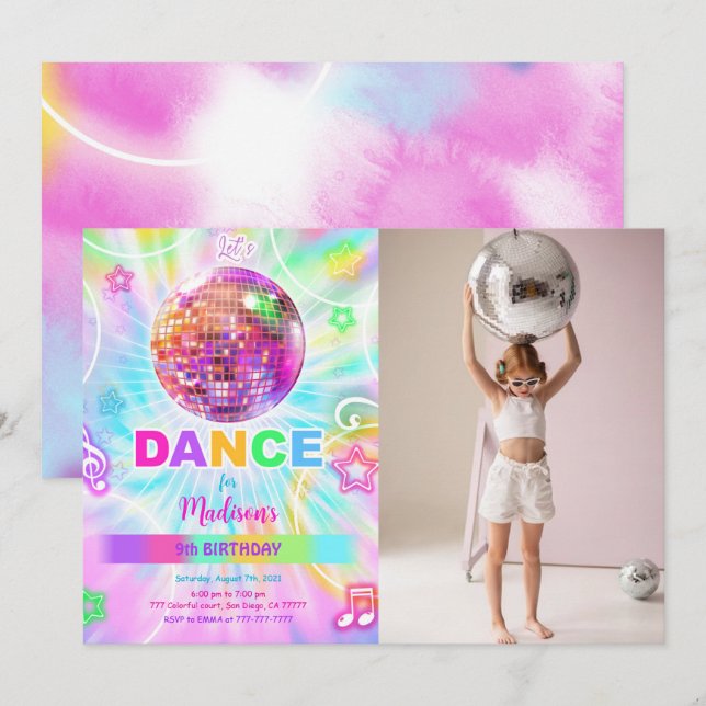 Rainbow Dance Disco Party Neon Glow Photo Invitation (Front/Back)