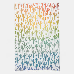 Rainbow Desert Saguaro Cactus Pattern Watercolor Kitchen Towel