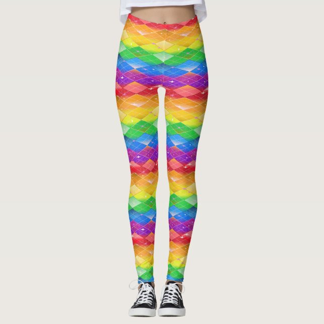 Rainbow Diamond Pride Argyle Sparkle Mermaid Scale Leggings (Front)