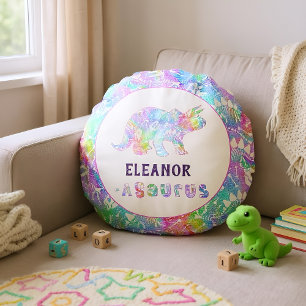 Rainbow Dinosaur Fossil Kids  Round Pillow