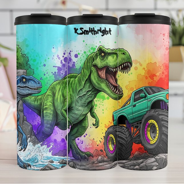 Rainbow Dinosaurs Monster Truck Action Thermal Tumbler (Creator Uploaded)