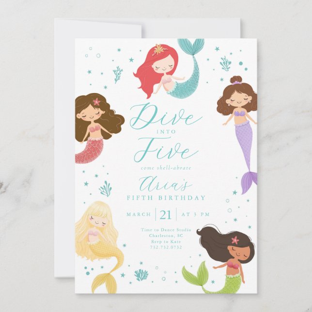 Rainbow Dive Into Five Little Mermaid 5th Birthday Invitation (Front)
