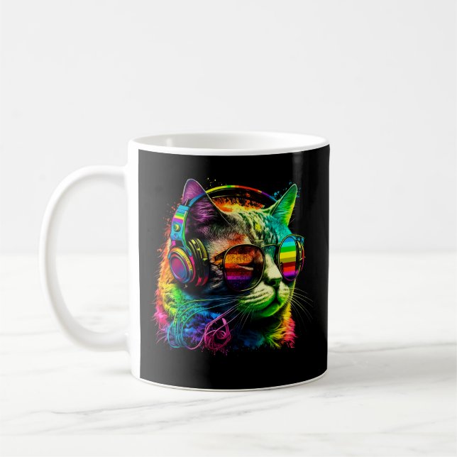 Rainbow DJ Cat With Sunglasses Coffee Mug (Left)
