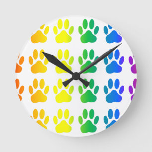 Rainbow Dog Pawprint Round Clock