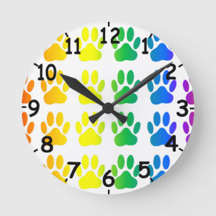 Rainbow Dog Pawprint With Dial Round Clock