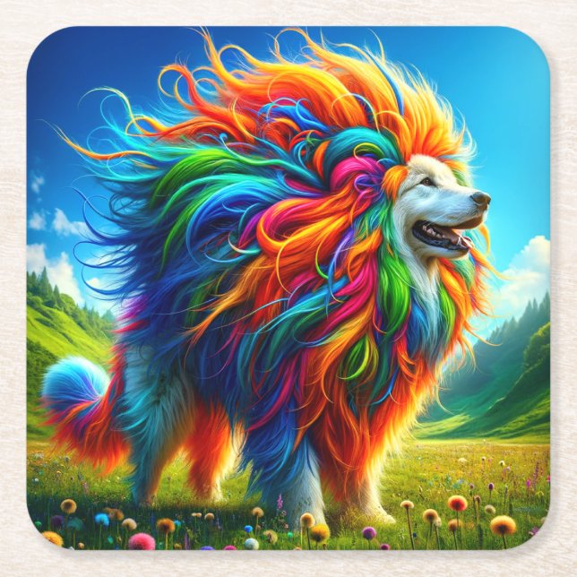 Rainbow Dog Square Paper Coaster (Front)
