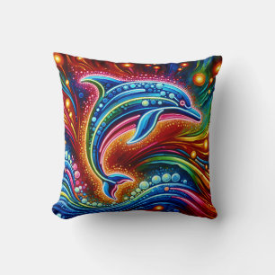 “Rainbow Dolphin: Ocean Glow” Throw Pillow