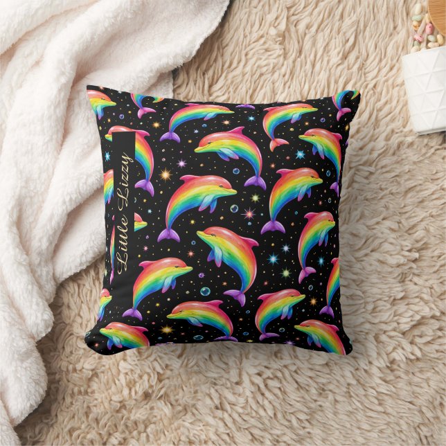 Rainbow Dolphin Throw Pillow – Customizable Name (Blanket)