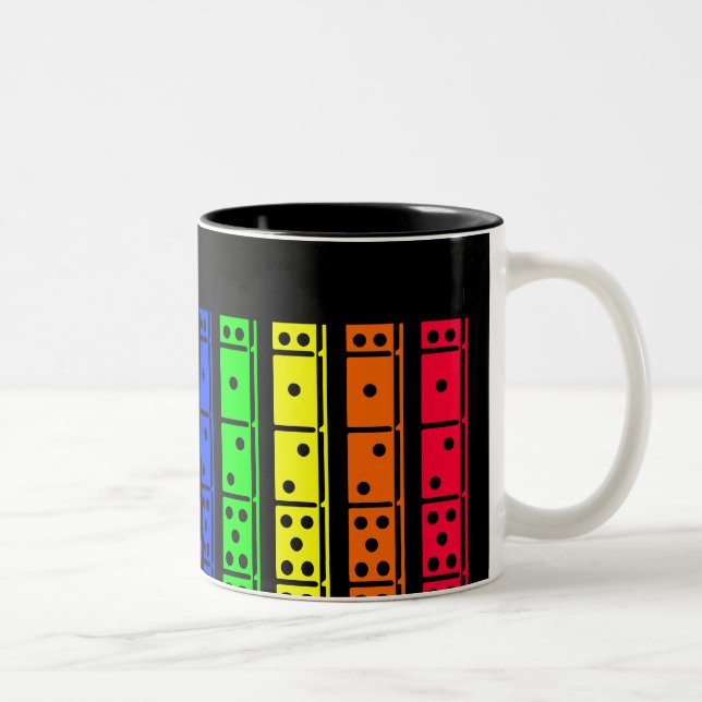 Rainbow Dominos on Black Back Design Two-Tone Coffee Mug (Right)