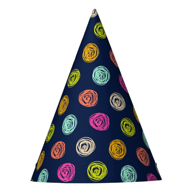 Rainbow Doodle Polka Dot Confetti on Navy Party Hat (Front)
