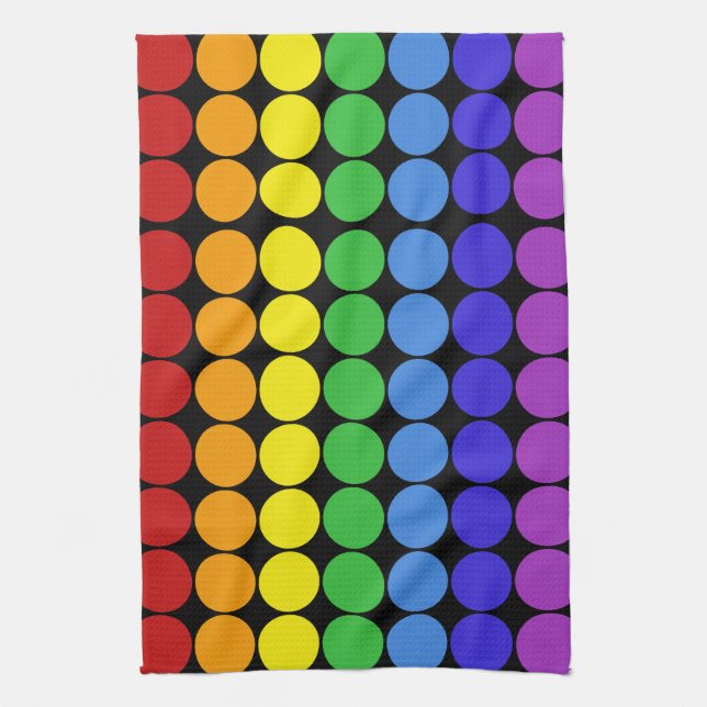 Rainbow dots circles colourful on black kitchen towel (Vertical)
