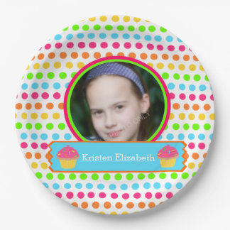 Rainbow Dots Photo Birthday Party Paper Plate