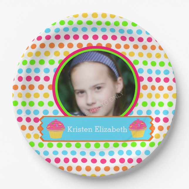 Rainbow Dots Photo Birthday Party Paper Plate (Front)