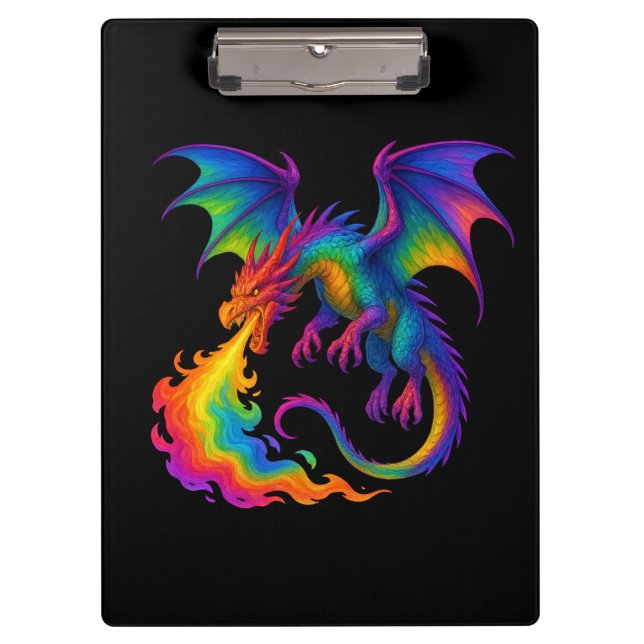 Rainbow dragon breathing colourful flames fantasy clipboard (Front)