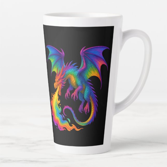 Rainbow dragon breathing colourful flames fantasy latte mug (Right)