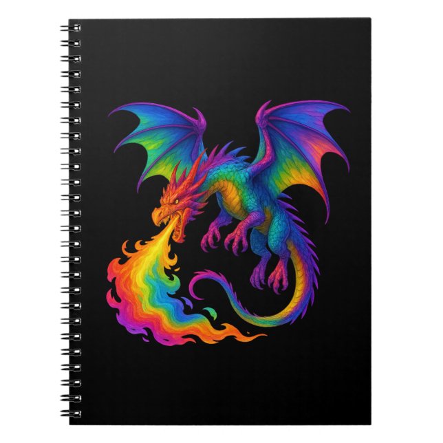 Rainbow dragon breathing colourful flames fantasy notebook (Front)
