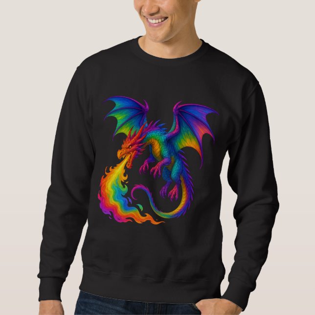 Rainbow dragon breathing colourful flames fantasy sweatshirt (Front)