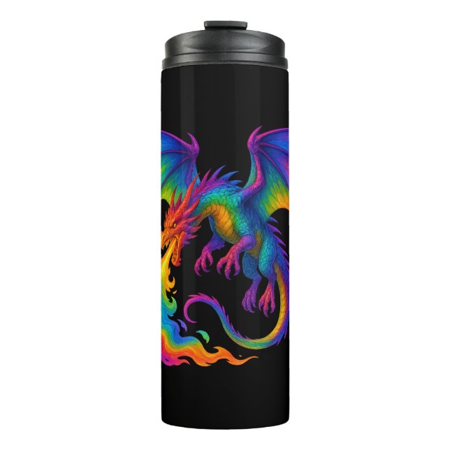 Rainbow dragon breathing colourful flames fantasy thermal tumbler (Front)