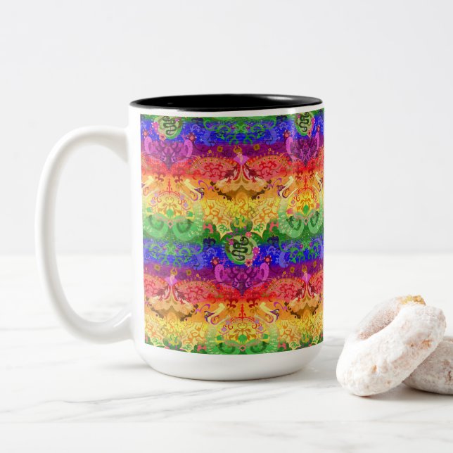 Rainbow Dragon Damask - Gay Pride Flag Colours Two-Tone Coffee Mug (With Donut)