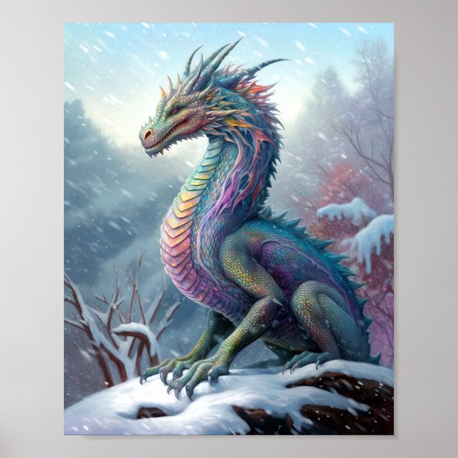 Rainbow Dragon In The Snow Fantasy Art Poster (Front)